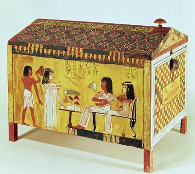 Coffre peint avec une scène de banquet de la tombe de Kha (c.1390-52 av. J.-C.) trouvé à Deir el-Medina, Nouvel Empire (bois) - Egyptian 18th Dynasty