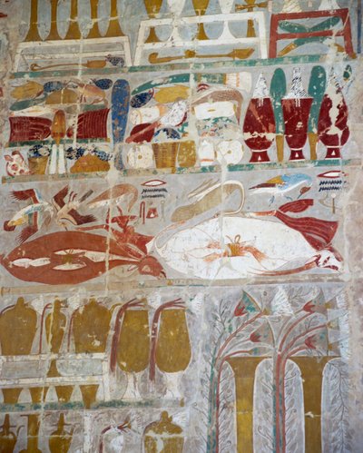 Offrandes de provisions et de poterie aux dieux par la reine Hatchepsout, relief peint, Chapelle d