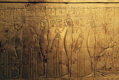Reliefs du premier registre du panneau extérieur de la deuxième chapelle funéraire, Trésor de Toutankhamon, Égypte, civilisation égyptienne, Nouvel Empire, XVIIIe dynastie - Egyptian 18th Dynasty