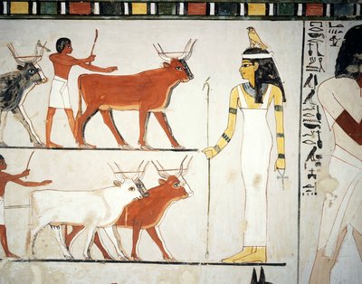 Bergers et bétail devant la déesse Imentet, fresque, mur sud, chambre longitudinale, tombe thébaine TT69, Sheikh Abd el-Qurna, Thèbes (Liste du patrimoine mondial de l