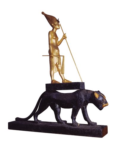 Statuette du roi sur un léopard. de la tombe de Toutankhamon (c.1370-1352 av. J.-C.) Nouvel Empire (bois et bronze doré) - Egyptian 18th Dynasty