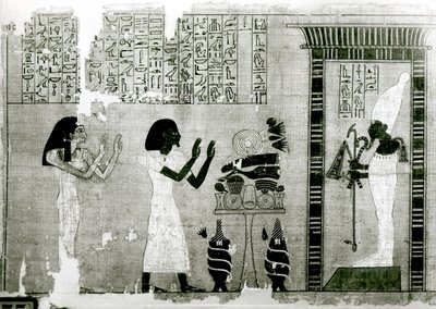 Le défunt accompagné de sa sœur vont rendre hommage à Osiris, détail du Livre des Morts, Nouvel Empire - Egyptian 18th Dynasty