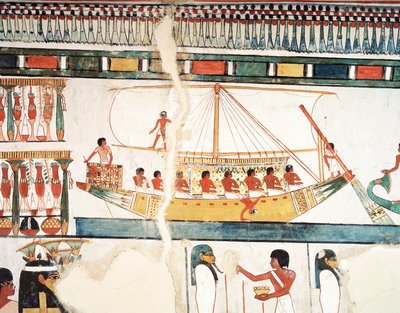 Le navire solaire, détail du pèlerinage à Abydos, fresque, mur nord, grande salle à manger, Tombe thébaine TT69, Sheikh Abd el-Qurna, Thèbes (Liste du patrimoine mondial de l