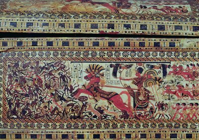 Toutankhamon (c.1370-1352 av. J.-C.) sur son char attaquant des Africains, détail du côté d