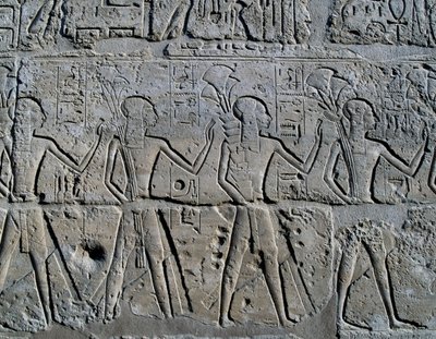 Personnages symbolisant les districts miniers apportant leurs tributs au dieu, relief, Cour de Ramsès II, Temple d