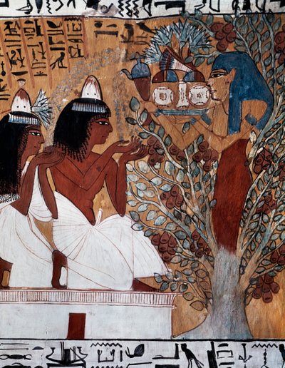 Déesse Isis, apparaissant à Sennedjem et à sa femme dans le sycomore sacré, tombe de Sennedjem, également connue sous le nom de tombe TT1, datant du règne de Ramsès II, Deir el-Médina, Nécropole thébaine, Civilisation égyptienne, Nouvel Empire, XIXe dynast - Egyptian 19th Dynasty