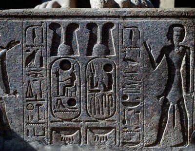 Hiéroglyphes, détail du sabot de la statue colossale du roi, Cour de Ramsès II, Temple d