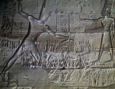 Prisonniers libyens, relief, mur extérieur de la Grande Salle Hypostyle, Temple d