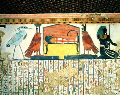 Momie sur un lit funéraire avec diverses divinités, de la tombe de Néfertari, Nouvel Empire (peinture murale) - Egyptian 19th Dynasty