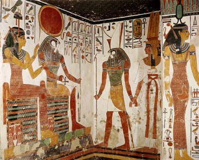 Néfertari est présentée devant le dieu Rê-Horakhty par Horus, de la tombe de Néfertari, Nouvel Empire (peinture murale) - Egyptian 19th Dynasty