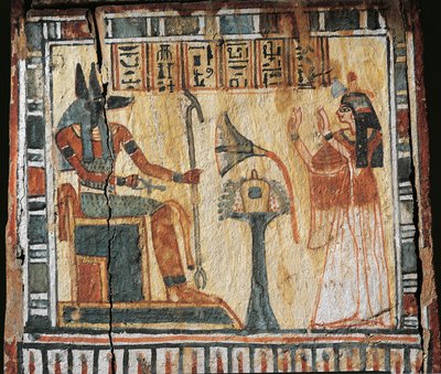Boîte en bois peinte représentant le défunt et le dieu Anubis, pour les shabtis de Tamutnofret - Egyptian 19th Dynasty