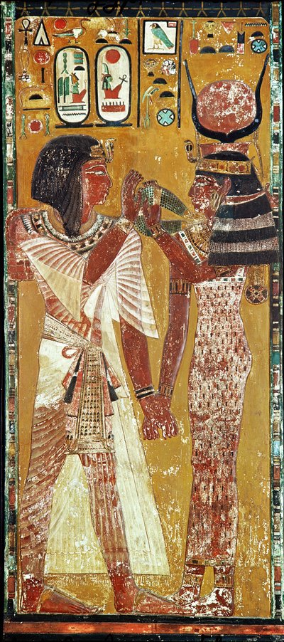 Relief représentant la déesse Hathor plaçant le collier magique sur Seti I (c.1394-1279 av. J.-C.) Nouveau Royaume (calcaire peint) - Egyptian 19th Dynasty