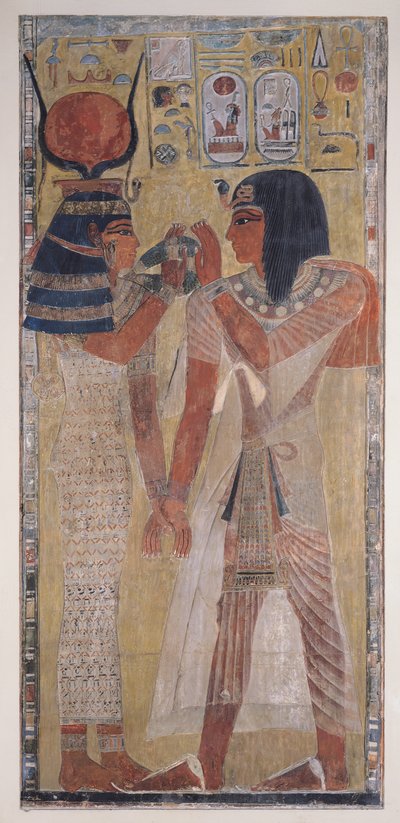 La déesse Hathor plaçant le collier magique sur Seti I (c.1394-1279 av. J.-C.), tiré de la tombe de Seti I dans la Vallée des Rois, Nouvel Empire - Egyptian 19th Dynasty