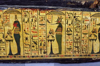 Détail de la base extérieure du cercueil de la momie de Nesyamun, probablement trouvé à Deir el-Bahari, Nouvel Empire, vers 1100 av. J.-C. (bois peint) - Egyptian 20th Dynasty