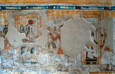 Antiquité égyptienne: représentation de Shuroy et sa femme adorant le dieu Thot et la déesse Ra. Peinture de la tombe de Shuroy - Egyptian 20th Dynasty