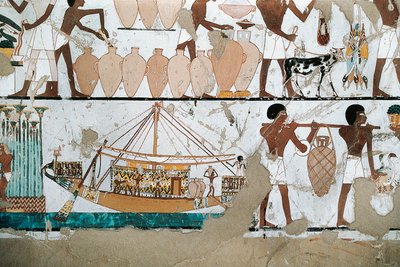 Peinture murale représentant une scène de transport de vin en bateau, du Nouvel Empire - Egyptian 20th Dynasty