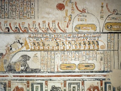 Procession suivant la navigation céleste du dieu Soleil Râ, Livre de la Terre, détail des fresques de la chambre funéraire de la tombe de Ramsès VI, Vallée des Rois, Louxor, Thèbes (liste du patrimoine mondial de l