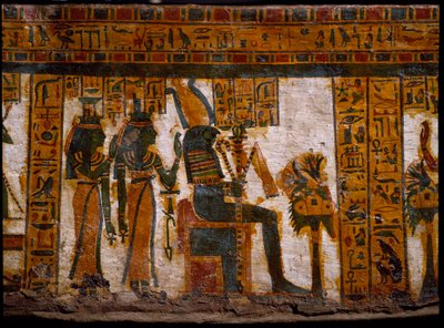 Antiquité égyptienne : les divinités Isis et Nephtys adorant Osiris - Egyptian 21st Dynasty