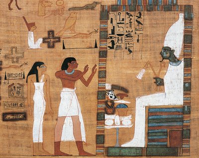 Papyrus représentant un mari et sa femme devant la cour d