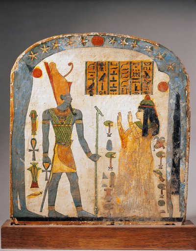 Stèle en bois peint de Dame Taperet, représentant Taperet priant le dieu Aton avec le ciel représenté par la déesse Nout - Egyptian 22nd Dynasty