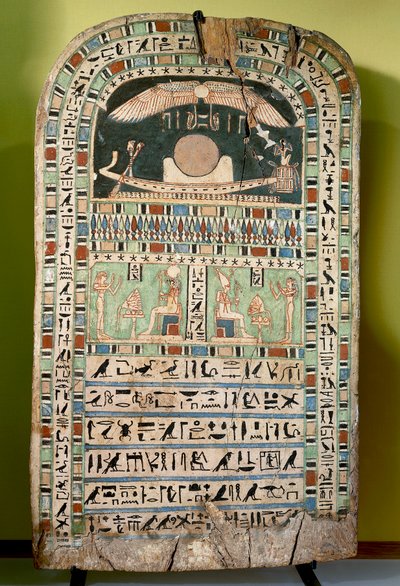 La déesse Udjarenes adorant le soleil, à gauche le dieu Ra-Horakhty, à droite le dieu Aton - Egyptian 26th Dynasty