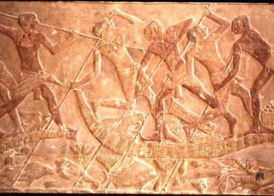 Hommes harponnant des poissons depuis un bateau en papyrus, tombe de Ptah-Hotep, 5e dynastie - Egyptian 5th Dynasty