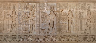 Antiquité égyptienne : procession de divinités - Détail du mur est du temple de la déesse Hathor à Dendérah, Égypte - Civilisation égyptienne : procession de divinités, sculptée sur le mur du temple d