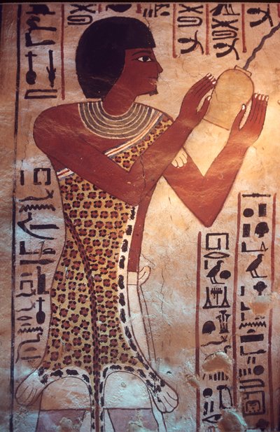 Égypte ancienne, tombe de Sennufer, Thèbes, Louxor, peinture murale, fresque, le fils de Sennufer présidant au festin funéraire, portant une robe en peau de léopard - Egyptian Egyptian