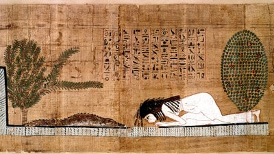 Antiquité égyptienne : un défunt adorant le crocodile, symbole de fertilité. Papyrus du Livre des Morts. - Egyptian Egyptian