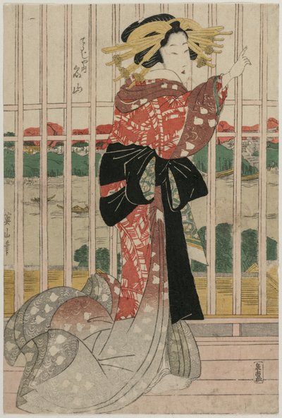 La courtisane Meizan du Chojiya sur un balcon surplombant la rivière Sumida, début ou milieu des années 1820 - Kikugawa Eizan