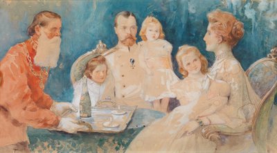 Tsar Nicolas II et Alexandra Fyodorovna avec leurs filles Olga, Tatiana, Maria et Anastasia - Elena Petrovna Samokish Sudkovskaya