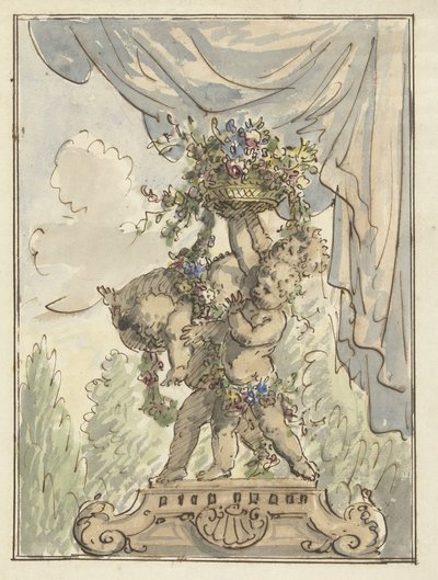 Trois putti avec un panier de fleurs - Elias van Nijmegen