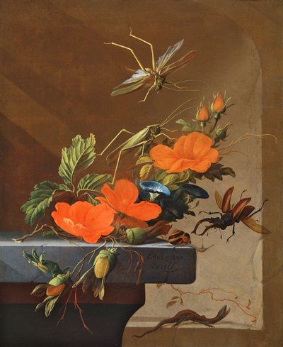 Un bouquet de roses, de liserons et de noisettes avec des sauterelles, un cerf-volant et un lézard - Elias van den Broeck