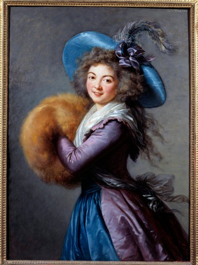 Portrait de Madame Molé Reymond (1759-1833), actrice de la Comédie Italienne Elle porte un chapeau à plumes et une manche - Elisabeth Louise Vigee Lebrun