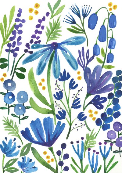 Fleurs bleues, 2018 (aquarelle) - Elizabeth Rider
