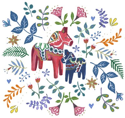 Cheval suédois Dala, 2018 (aquarelle et acrylique) - Elizabeth Rider