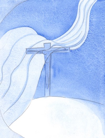 Alors que le Christ verse son Sang dans une Nouvelle Alliance, un grand vent malveillant balaie la Croix, menaçant et détruisant - Elizabeth Wang