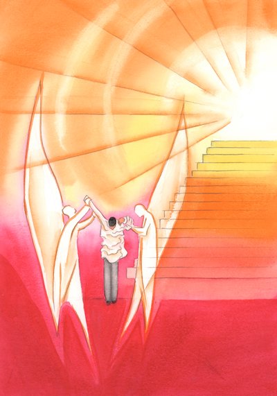 À la fin de sa vie, un prêtre fidèle est aidé par les Anges à revêtir une aube éclatante pour qu