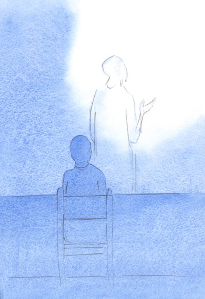 Le Christ - Son dos tourné vers moi - fait face au Père et offre notre prière de grâce avant les repas - Elizabeth Wang