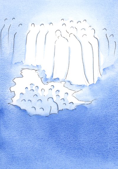 Le Christ et ses saints au ciel regardent avec une grande tendresse ses amis sur terre qui méditent sur sa Passion - Elizabeth Wang