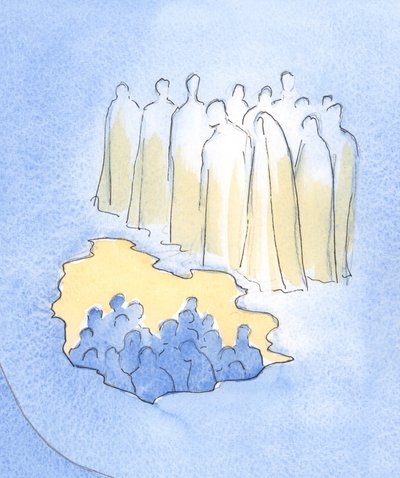 Le Christ et ses saints au ciel regardent avec une grande tendresse ses amis sur terre qui méditent sur sa Passion - Elizabeth Wang
