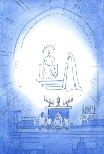 Le Christ est intronisé au-dessus de nous, dans la gloire, lors de notre Neuvaine et Bénédiction, qui est comme une fête céleste. Notre mère Marie se tient joyeusement à proximité - Elizabeth Wang