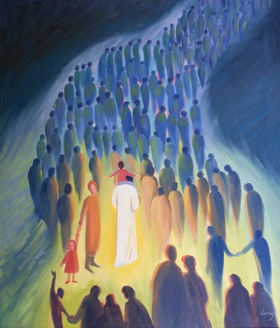 Le Christ marche parmi son peuple, avec les pèlerins et les malades, un enfant sur ses épaules, 2001 - Elizabeth Wang