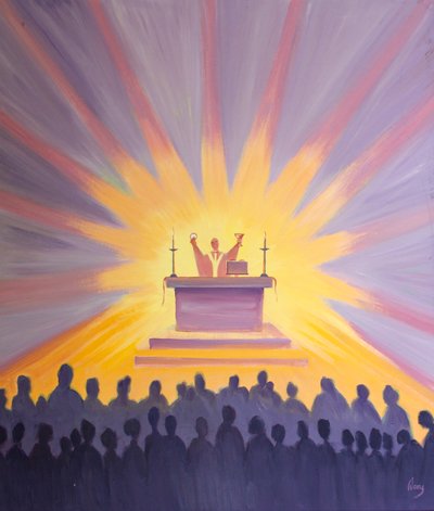 La lumière et la sagesse de Dieu se déversent sur ceux qui se rassemblent autour du Corps et du Sang du Christ à la messe, 2000 - Elizabeth Wang