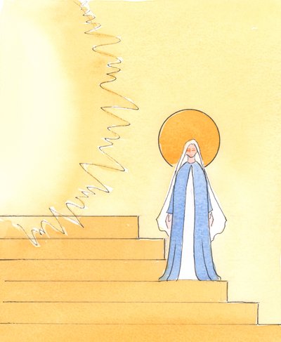 Dans une image de la Cour du Ciel, où Dieu le Père règne en gloire, Notre Sainte Mère est placée sur les marches qui mènent au trône du Père - Elizabeth Wang