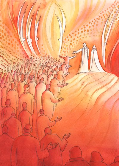 Jésus crucifié attend à la porte du Ciel, avec sa mère Marie et les saints anges - Elizabeth Wang