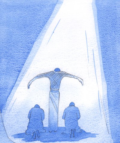 Le Sauveur souffrant se tient, les bras tendus, pour abriter les repentants ; et le Père regarde avec amour depuis le Ciel, son Fils - Elizabeth Wang