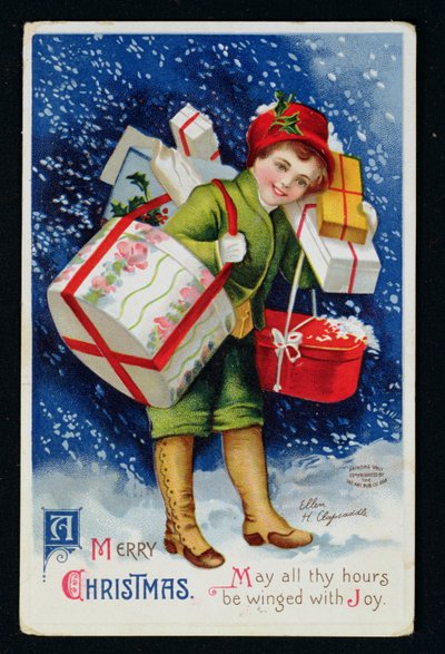 Garçon avec des Cadeaux, carte de Noël du début du 20ème siècle - Ellen Hattie Clapsaddle