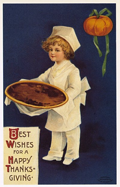 Action de grâce : carte de vœux avec un enfant déguisé en cuisinier présentant le plat traditionnel - Ellen Hattie Clapsaddle
