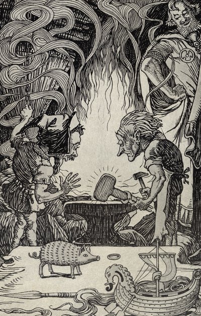 Le Troisième Cadeau, un Marteau Enorme, illustration de Mythes de nombreux pays, publié en 1912 - Elmer Boyd Smith
